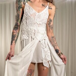 White Embroidered Slit Maxi Dress XS Boho Festival